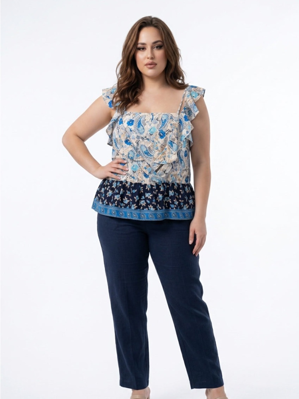 nine britton Blue Paisley Ruffle Tank Top